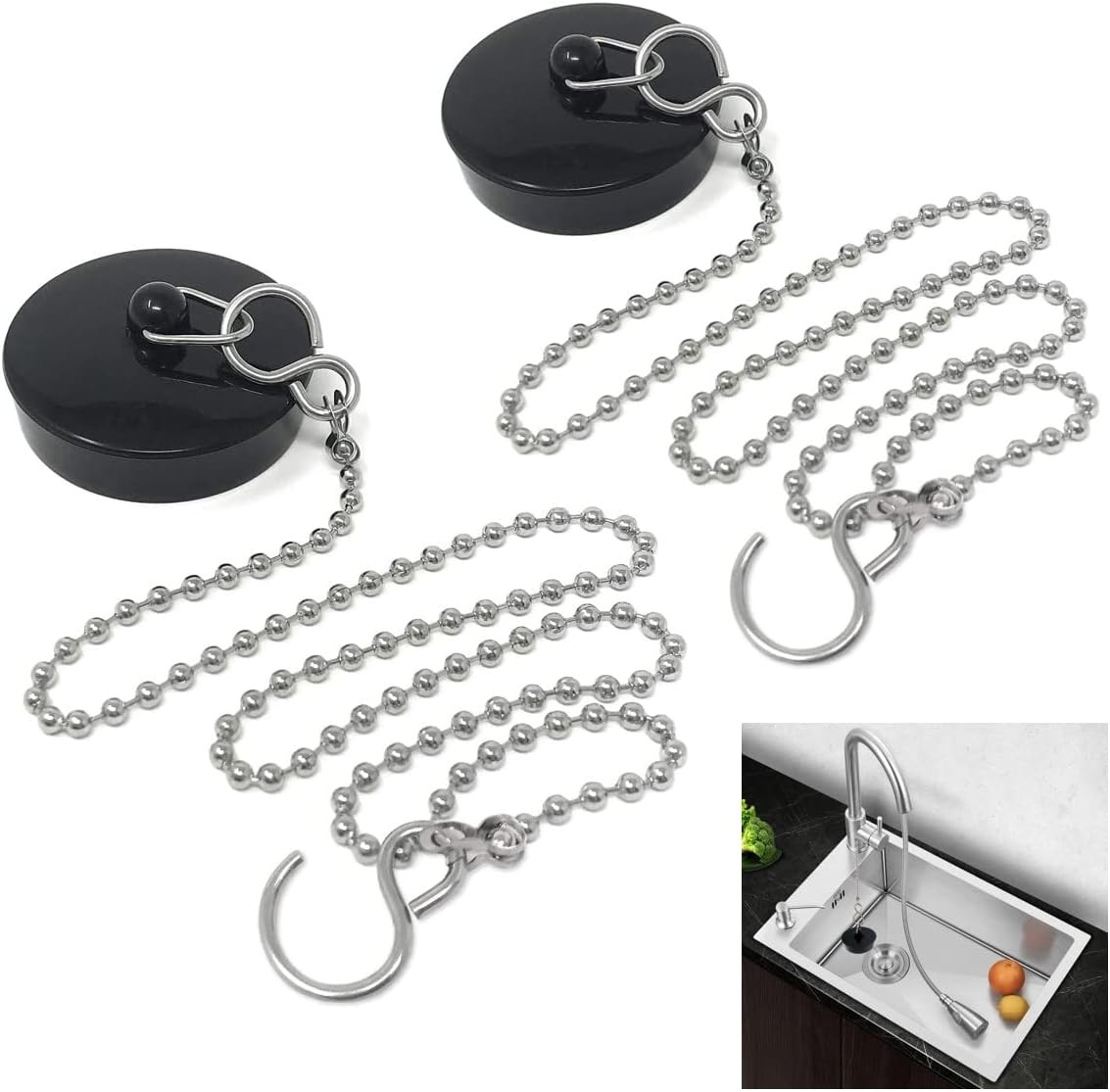 Pack of 2 Universal Bath Plug with Chain for Bathtub- Bathroom Sink Plug Replac