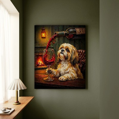 ''Wine & Woof'' - Shih Tzu Vertical Canvas - Dog Lover Wall Art