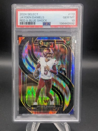 2024 Panini Select Jayden Daniels #112 Red & Blue Shock Prizm Rookie PSA 10