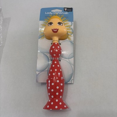 Lady Dishbrush Red Polka Dot Dress Novelty Scrub Brush with Standing Base