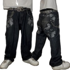 VTG Y2K Imperious Delf Trading Baggy Grim Reaper Jeans 38x32 10" Leg Opening