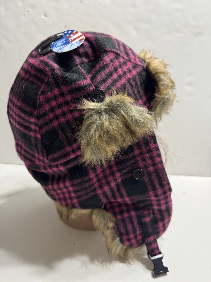 飞行员女式帽子带扣全新带标签粉色/黑色格子人造毛皮尺寸 S/M — 第 4/4 张图片