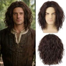 Mens 18in Natural Brown Wavy Long Wig Full Co...