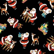 RETRO VINTAGE CHRISTMAS SANTA ON BLACK HOLLY JOLLY BY MICHAEL MILLER FABRIC HY