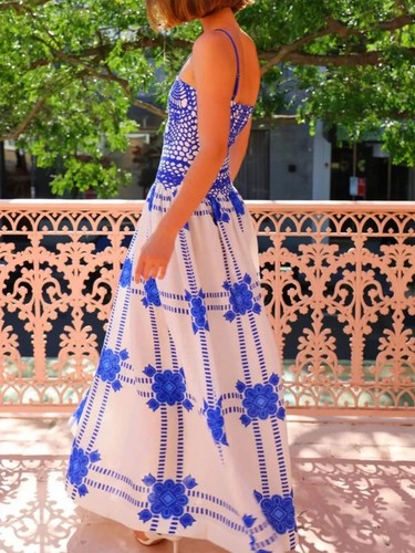 Women's Dress- Printed Square Neck Maxi Cami Dress - Picture 2 of 9
