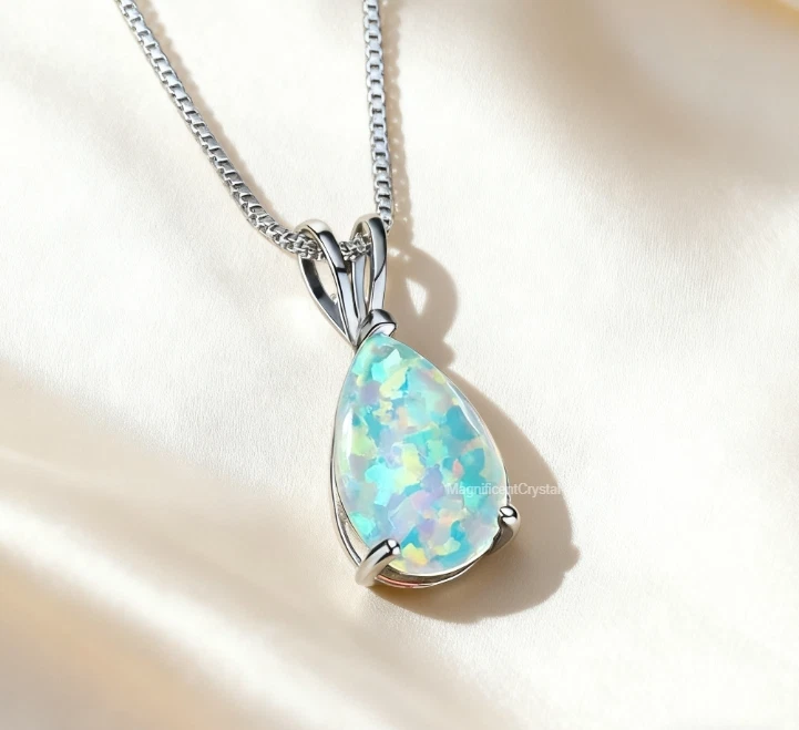Collar colgante de ópalo blanco minimalista lágrima opalita mujer joyería de plata Foto 2 de 4