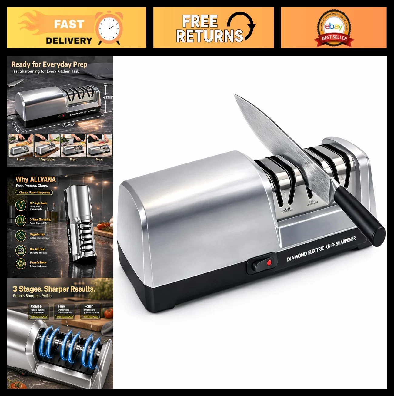 3-Stage Electric Knife Sharpener - Portable Stainless Steel Tool for Precision S