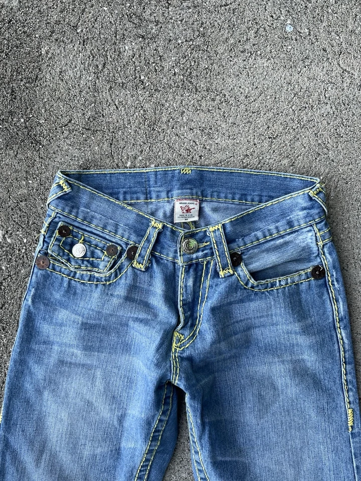 True Religion Joey Super T Size 30 Light Blue/yellow Flared Jeans Made In USA - Image 4 of 4