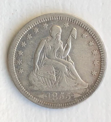 1855 Seated Liberty Quarter Dollar, Arrows at Date, VF Details