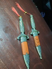 2 Decorative Ornate Dagger Knife Brass Sheath Antique Wood Stainless Blade