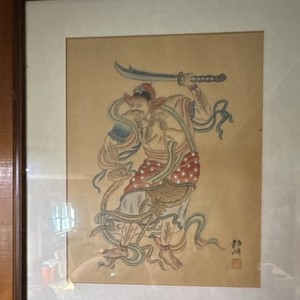 Framed Japanese Warrior Print on Paper, Beige Red Green Black, Japan Origin