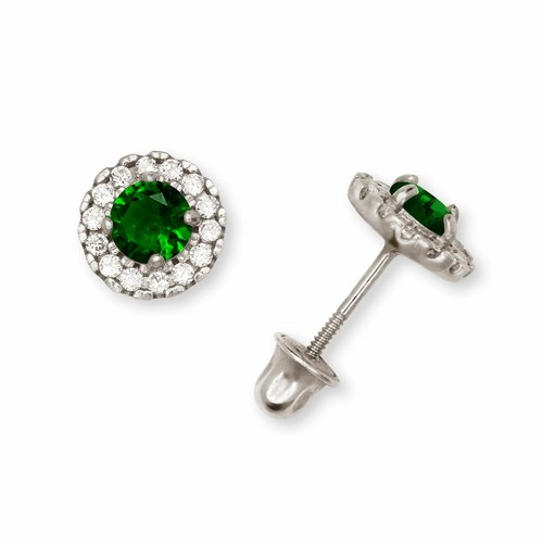 Solid 14K White Gold Halo Cubic Zirconia Birthstone Studs Screw Back Earrings - Picture 6 of 13