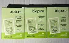 Biopure Anti-Bacterial Hand Wipes 16 Individually Wrapped Pocket Size Singles X3