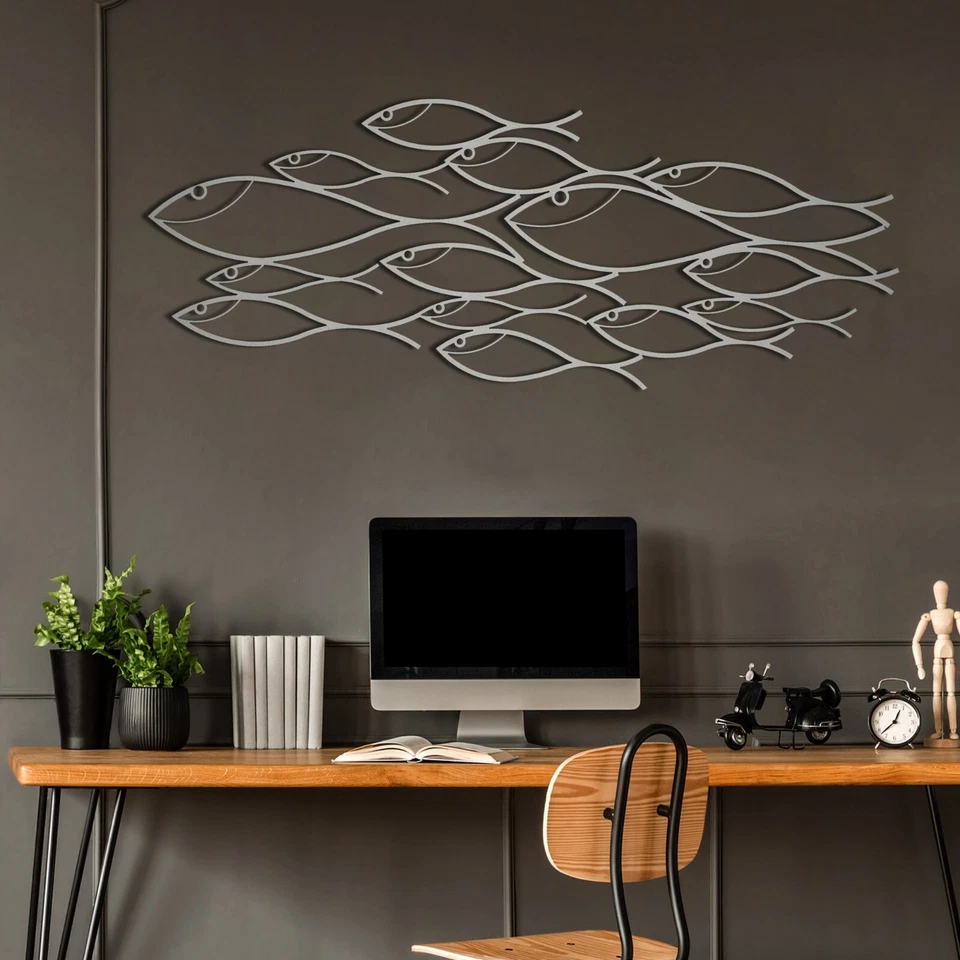 Школа рыбы - металлический рыбы настенное искусство, минималистский металлический настенный декор, рыбы семьи - Изображение 3 из 4