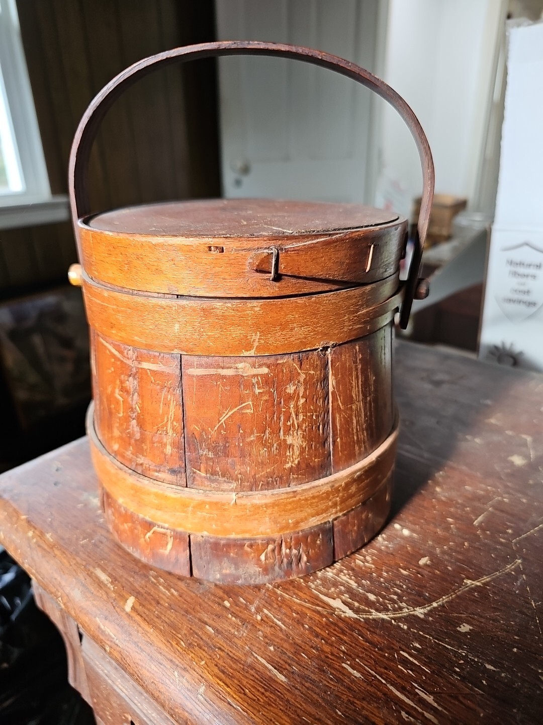 Vtg Primitive Wooden FIRKIN/Sugar Bucket 3 Fingers Wooden Swing Handle