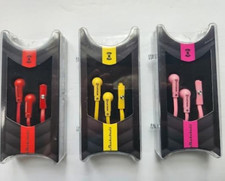 QTY 3 Stereo 3.5mm Earbuds Earphones, Mic, Tangle Free  Case. Yellow Red Pink