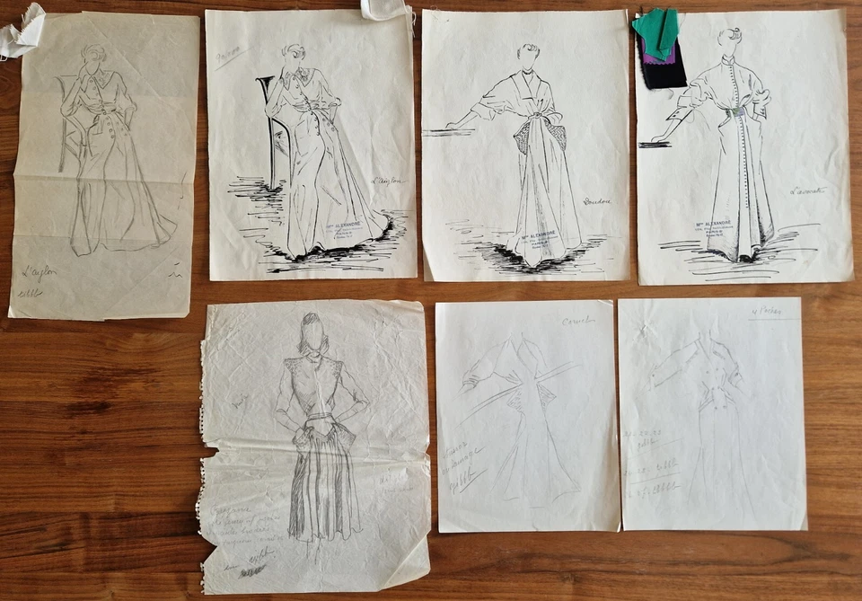 13 dessins de mode crayon encre Paris 1950 Madame Alexandre Fbg Saint-Honoré - Photo 2/4