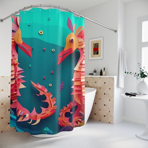 Vibrant Seahorse Shower Curtain, Ocean Decor, Beach Theme, Bathroom Art,