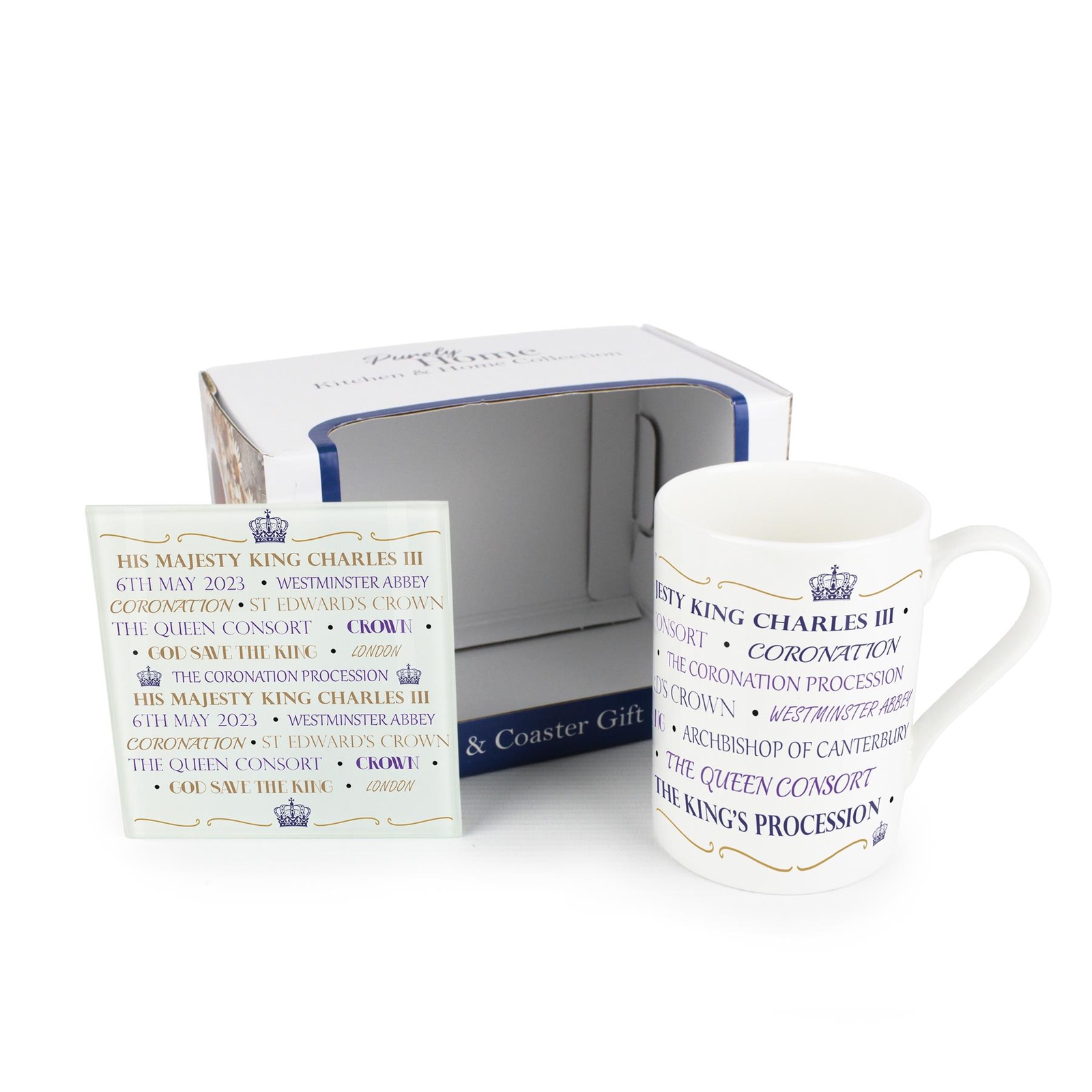 King Charles III Coronation Bone China Mug & Glass Coaster Gift Set - Words
