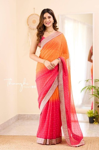 Diseñador indio Georgette Encaje Seda Borde Saris Amarillo Boda Fiesta Ropa Sari - Imagen 14 de 17