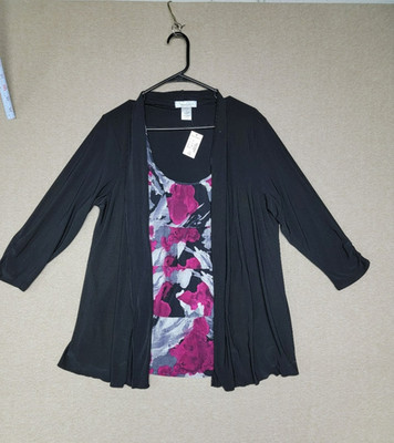 NWT~DRESSBARN~ Woman's 1X~2Fer Twinset Black Layered Ruffle Floral 3/4 Sleeve
