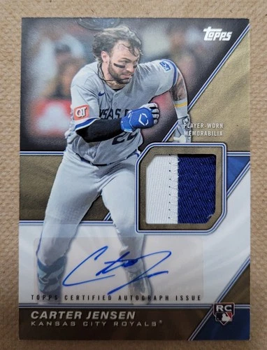 2026 Topps Series 2 rookie card of Carter Jensen with blue autograph and white Royals jersey patch, numbered 10 RPA.