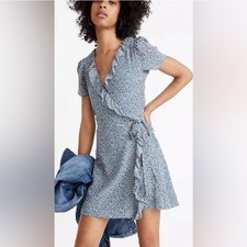 Madewell Silk Ruffle Edge Picnic Bitsy Ocean Blue Ditsy Floral Mini Wrap Dress L