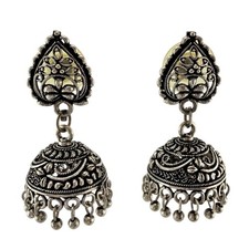 Indian Style Jhumka Oxidized Silver Tone Filigree Dangle Drop 1.5" Earrings