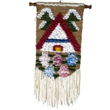 Vintage Woven Wall Hanging Cottage Floral Tapestry Boho Fiber Art Fringe