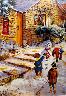 Handgeschriebene Weihnachtskarte Kinder bauen Schneemann draußen Steinhaus