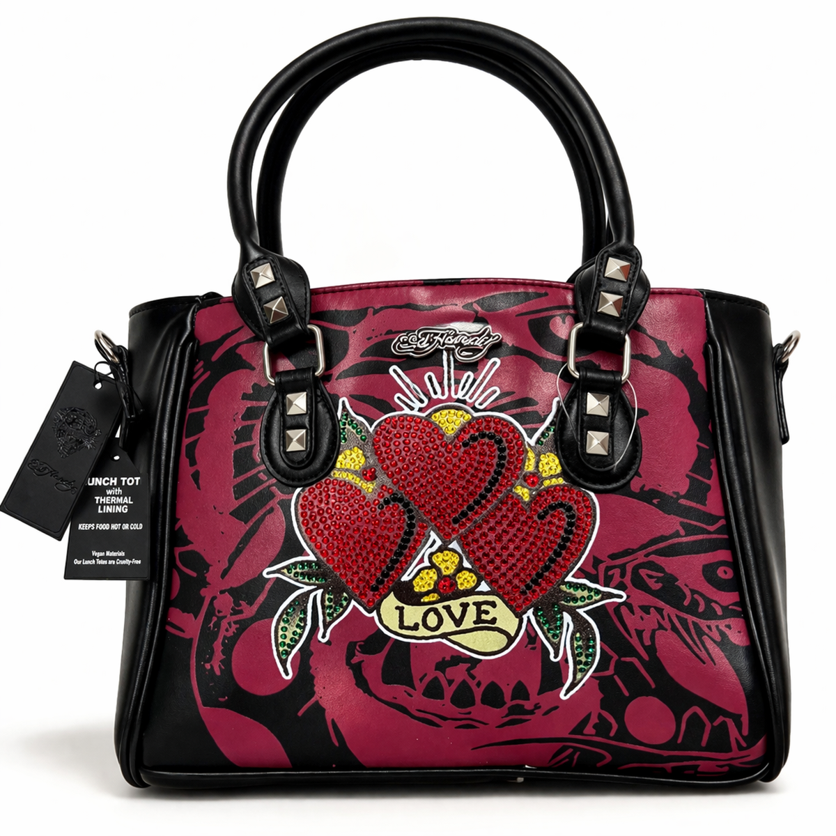 Ed Hardy Lunch Tote Bag Hearts Rhinestone Thermal Insulated Vegan