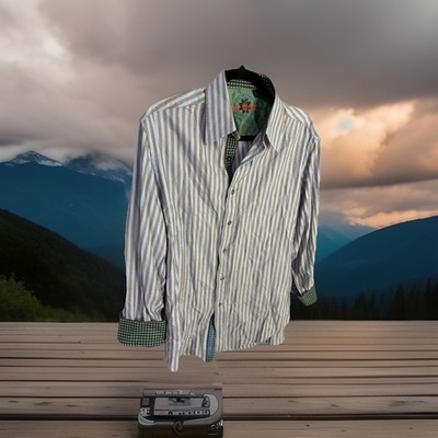 ROBERT GRAHAM Shirt Medium Herringbone Geometric Flip Cuff Button Up stripe drip