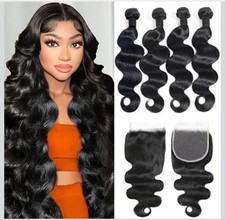 Human Hair Bundles with Closure 20 22 24 26 18 Inch Brazilian Virgin Hair...