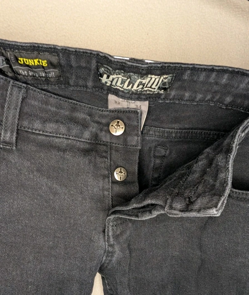 Pantalones de mezclilla Kill City Junkie negros de pierna recta con dos botones talla 33 Foto 2 de 4