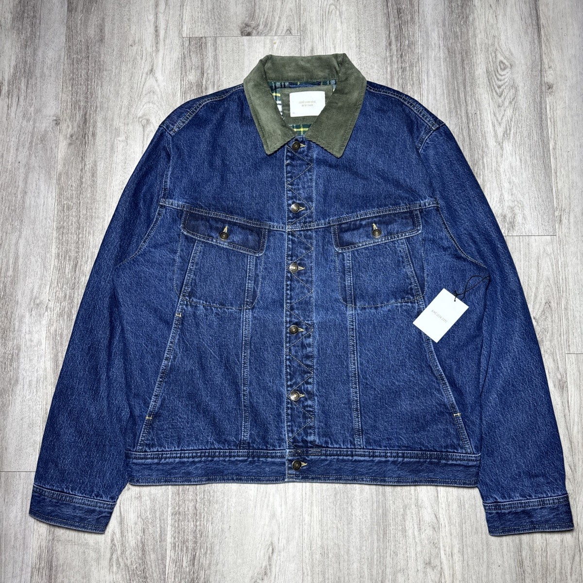 Aime Leon Dore Flannel Line Denim Trucker Jacket Medium Wash Blue