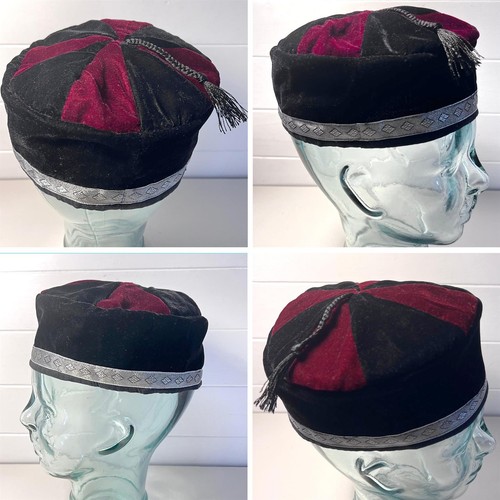 Größe 59 cm, groß, handgefertigte nepalesische burgunderrot und schwarz Samt Smoking Cap - Bild 7 von 7