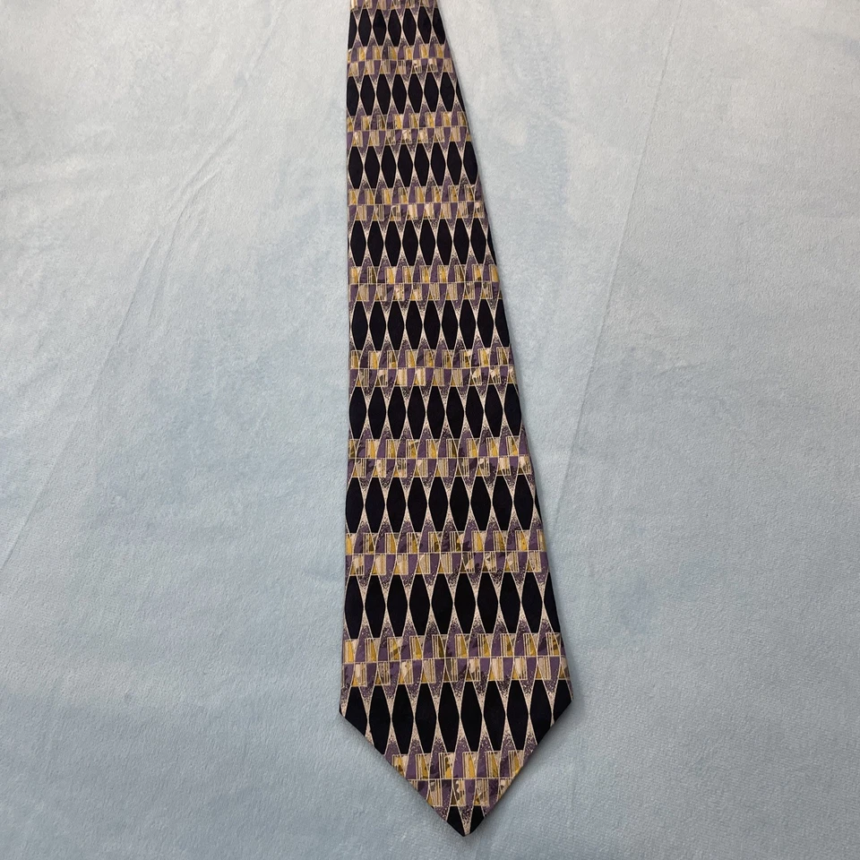 Corbata de seda Via Mangoni vintage años 90 púrpura negra diamante geométrico occidental 58" Foto 2 de 4