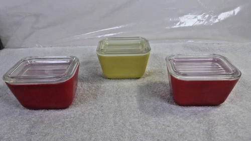 Lot of 3 Pyrex Refrigerator Dishes Primary Color Red and Yellow 1.5 Cup