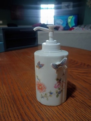 Vintage Ceramic Butterfly And Flower Painted Soap Dispenser
