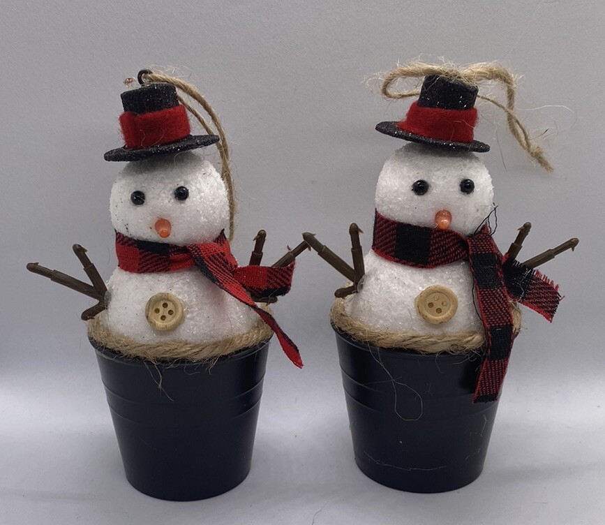 Buffalo Plaid Christmas Ornament Snowman W/ Top-Hat Set Of 2….5 
