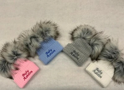 Personalised Unisex Baby Boy Girl Hat Faux Pom Pom Baby Shower Gift Name Year