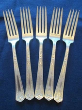 SET 5 DINNER FORKS! Vintage NATIONAL SILVER silverplate: FLORENCE pattern LOVELY