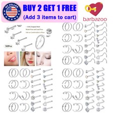16/32PCS Silver Stainless Steel Nose Ring L Shaped Bone Studs Piercing Kit 20G