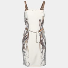 Gucci Dress Leather Straps with Shoulder Chain Printed Silk Dress Sz 40