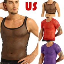 Men Mesh See Through T-Shirts Fishnet Muscle Tank Top Short Sleeve Tops Tee