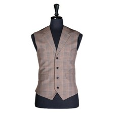 Mens Vest Suit Lapel Plaid Check Beige Wool Formal Party Wedding Waistcoat M 40