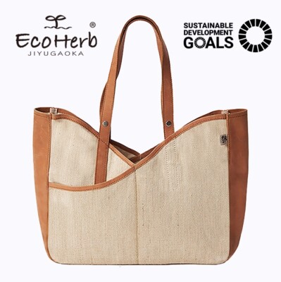 Tote bag Genuine leather x Cotton jute Useful Plenty pockets-D