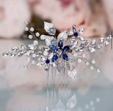 Bridal Blue Sapphire Rhinestone Hair Comb Pearl Blue Leaf Marquise Hair Silver