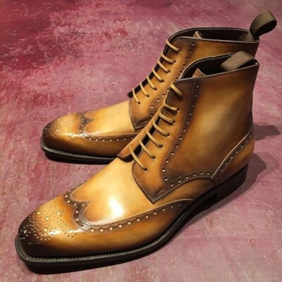 Handmade wingtip brogue boots men, men real leather ankle boot, tan shaded boot