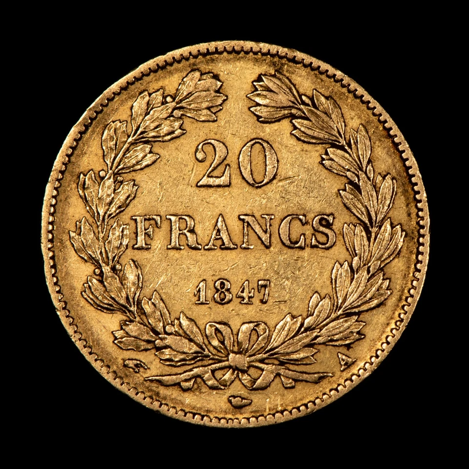 Золотая монета Франции 20 франков 1847-A - немного оригинального блеска - 0,1867 AGW - G3626 - Изображение 4 из 4